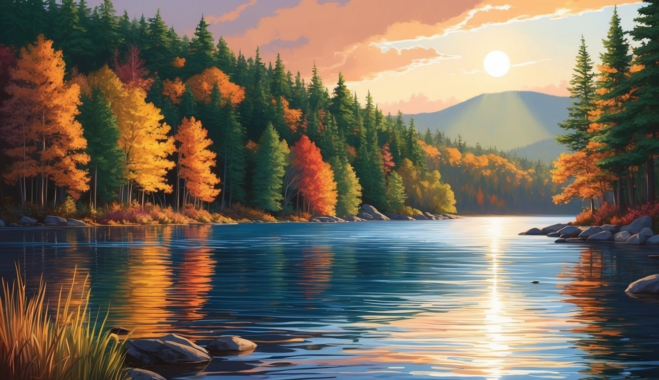 Scenic lake with colorful autumn trees and sunset over the mountains
