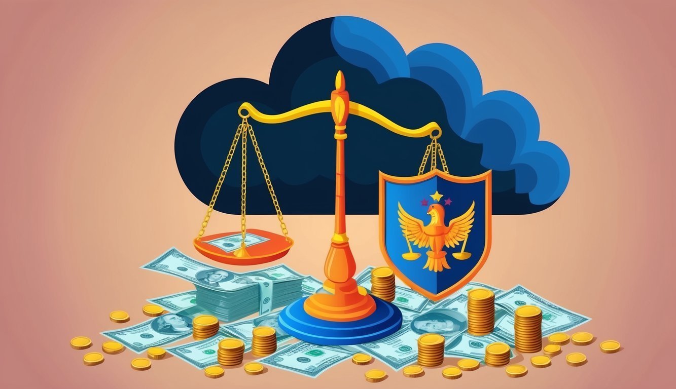 Scales of justice, money, shield, and coins under a blue cloud