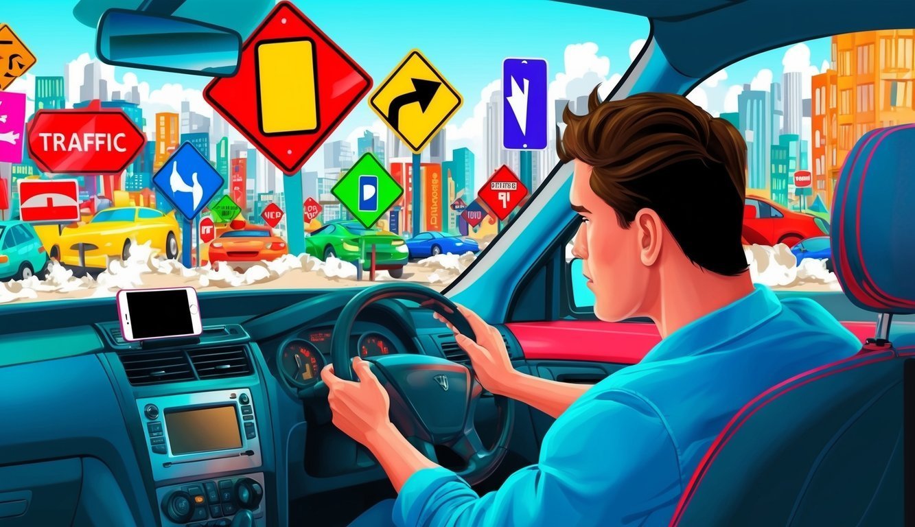 Man driving car surrounded by traffic signs, city background, and other cars