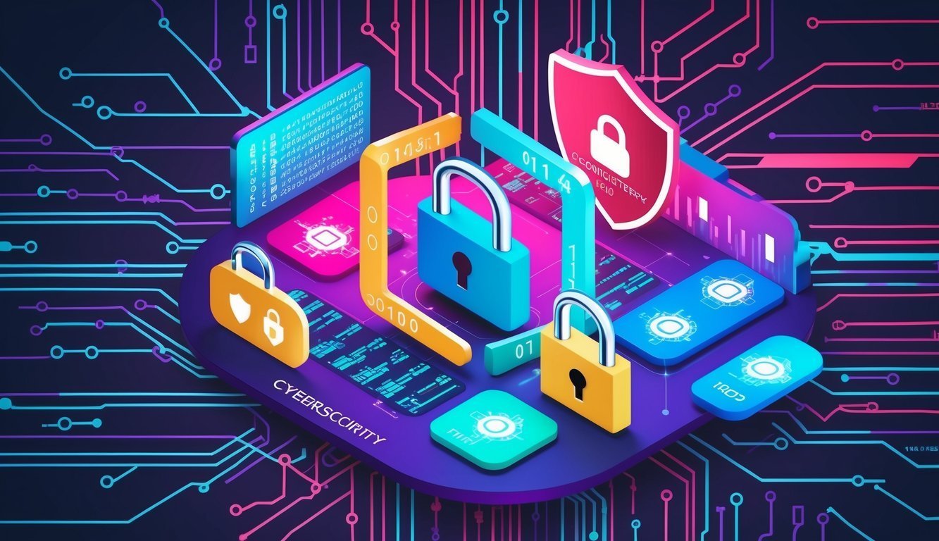 Cybersecurity concept with padlocks, shield, and circuit board design
