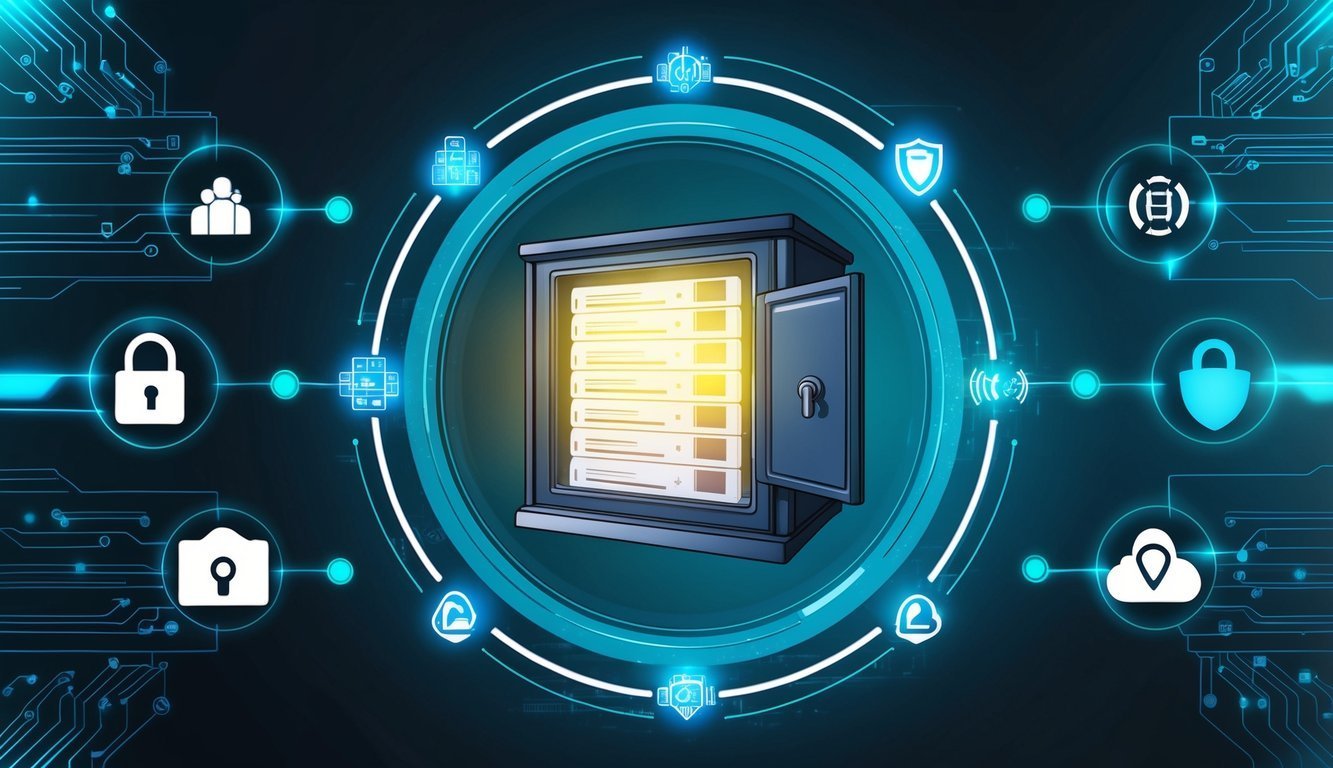 Digital safe with open door, surrounded by security icons and circuit board