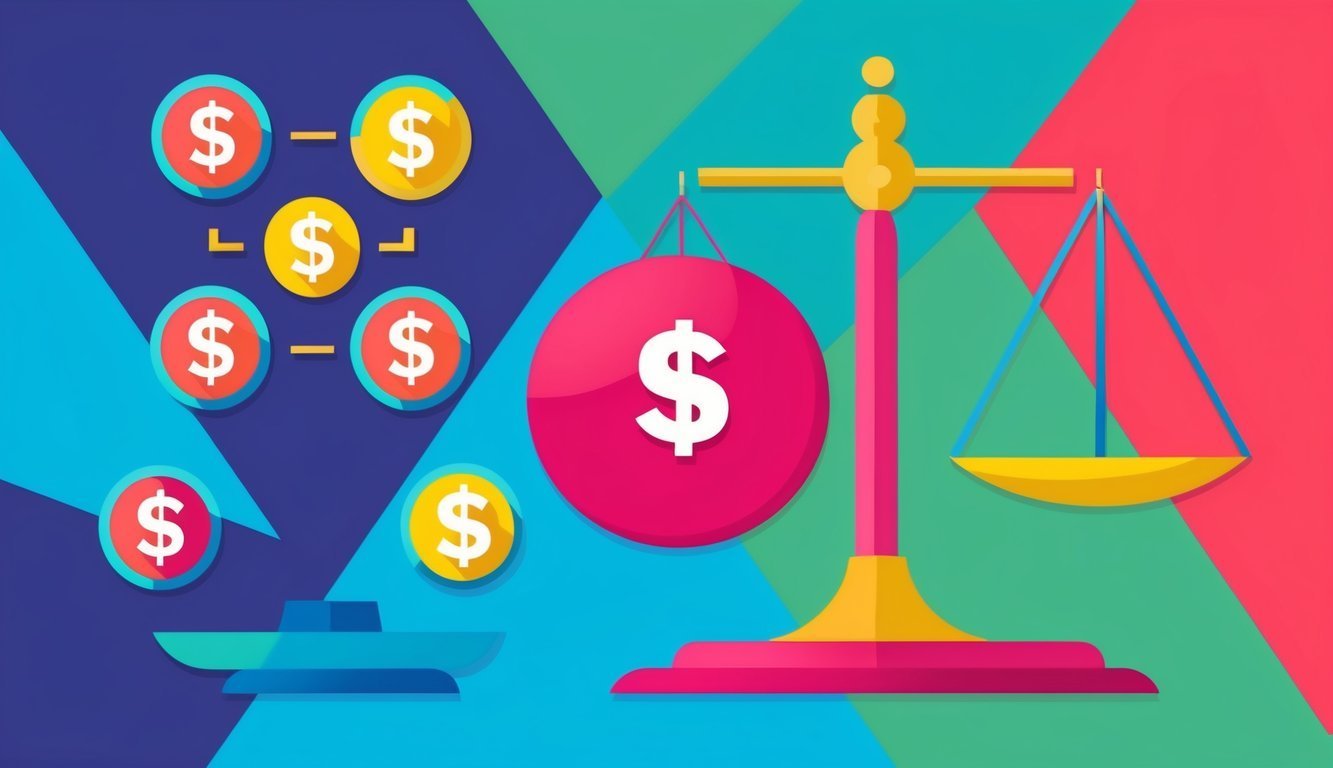 Scales of justice with money symbols, representing financial balance