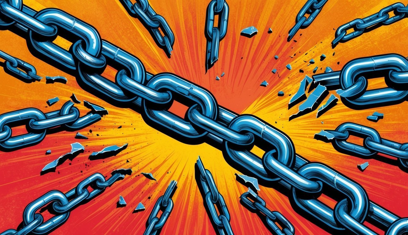 Broken blue chain exploding against a red and yellow background