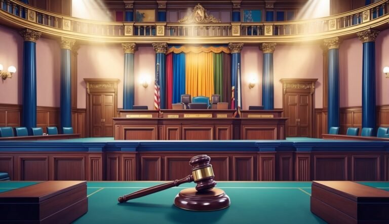 A courtroom interior with a gavel on a table, and flags in the background