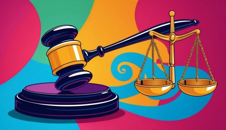 Gavel and scales of justice on a colorful, abstract background