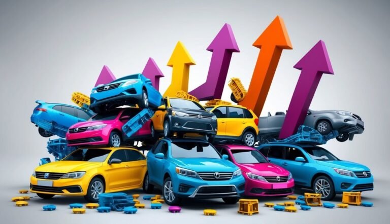 Colorful cars stacked with upward arrows, representing growth or increase