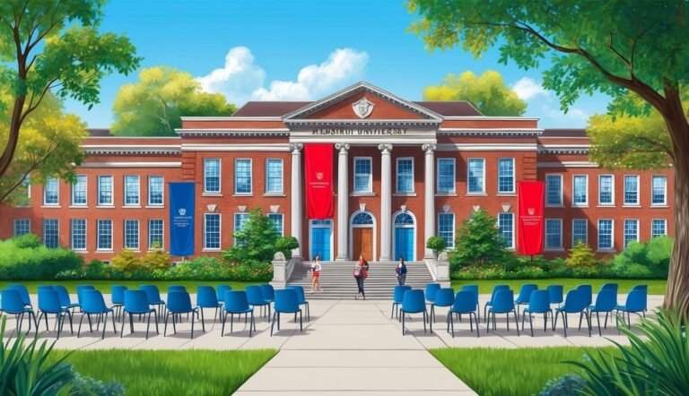 University building with blue chairs set up for an event, sunny day