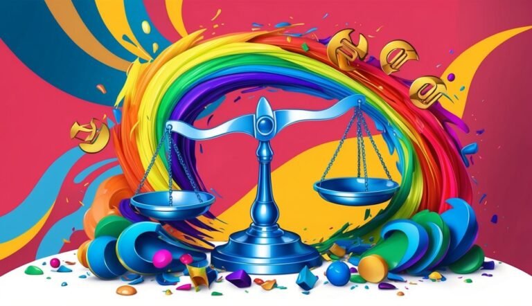 Blue scales of justice with rainbow swirl and colorful confetti