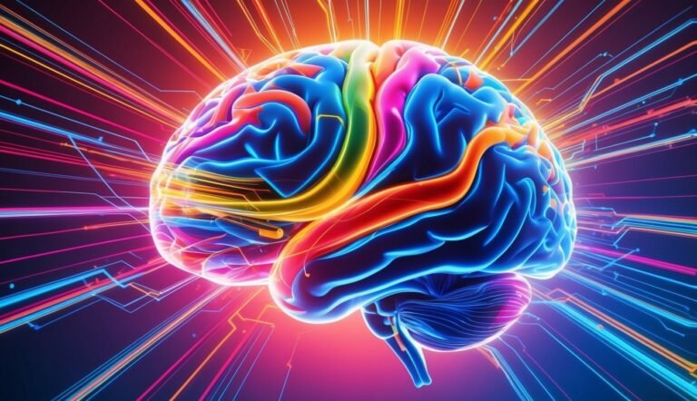 Colorful, glowing brain with radiating lines, representing neural activity and thought