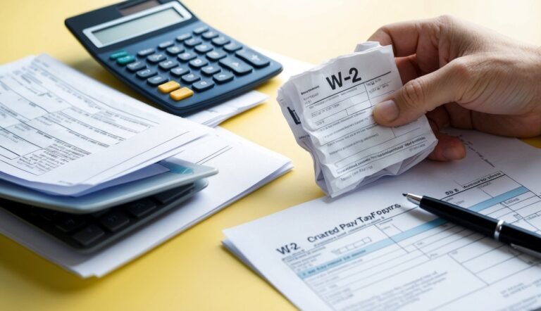 Hand crumpling a W-2 form, with calculator and tax documents on yellow surface