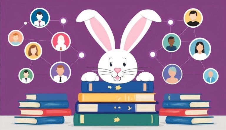 White rabbit peeking over books, connected to people icons, purple background