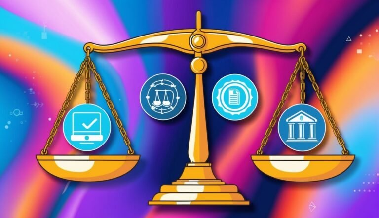 Golden scales with icons of a laptop, law, document, and building