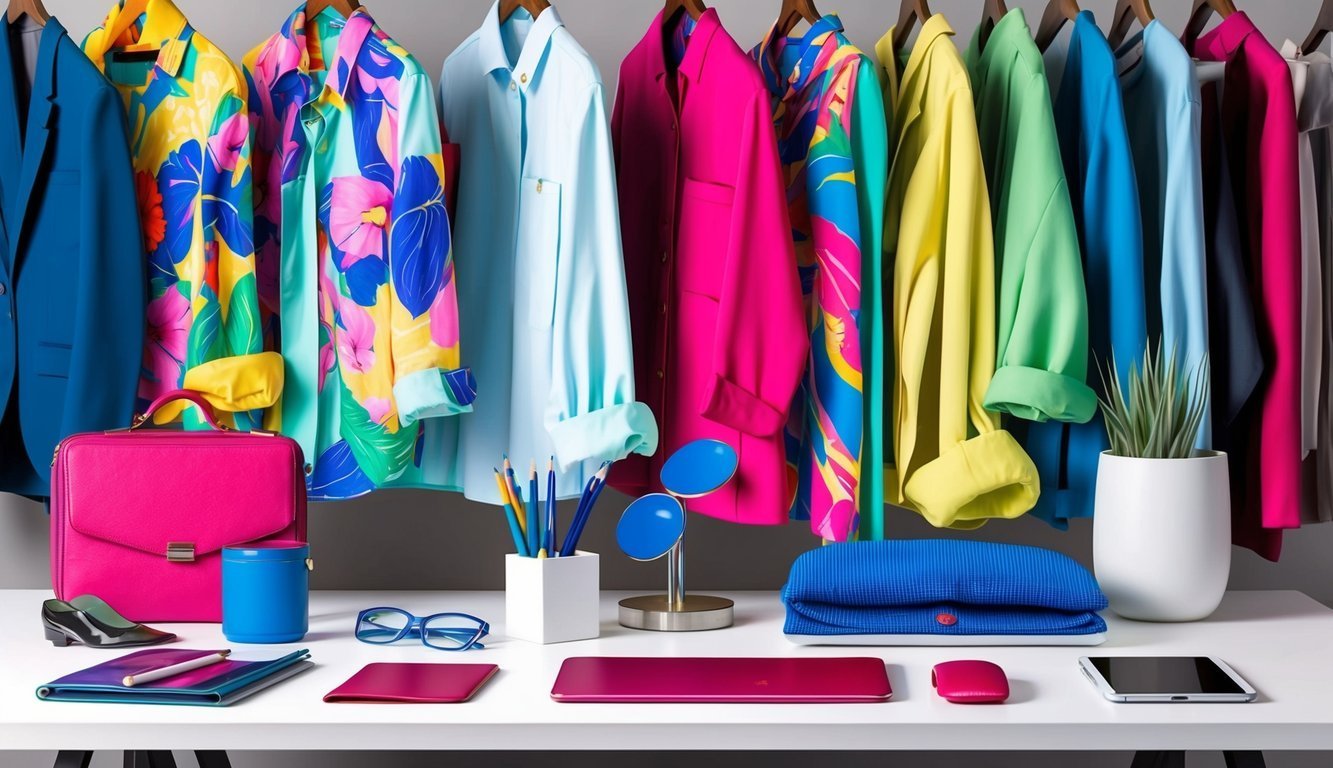 Colorful clothing and accessories on a white desk, fashion design concept