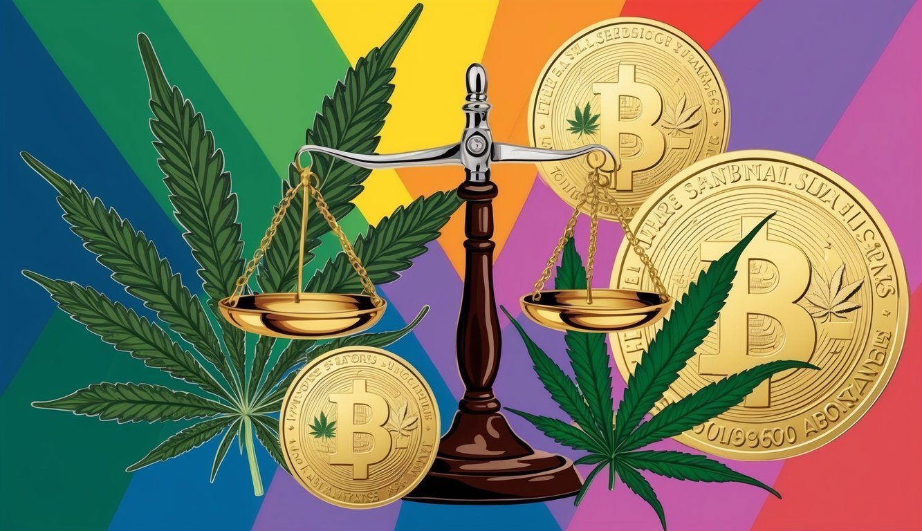 Scales of justice with cannabis leaves and Bitcoin coins on rainbow background