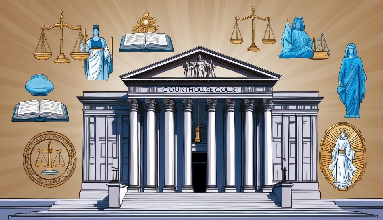 Illustration of a courthouse with scales, statues, and open books