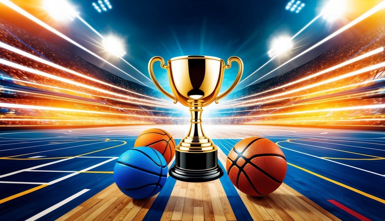 Golden trophy and basketballs on a court with stadium lights