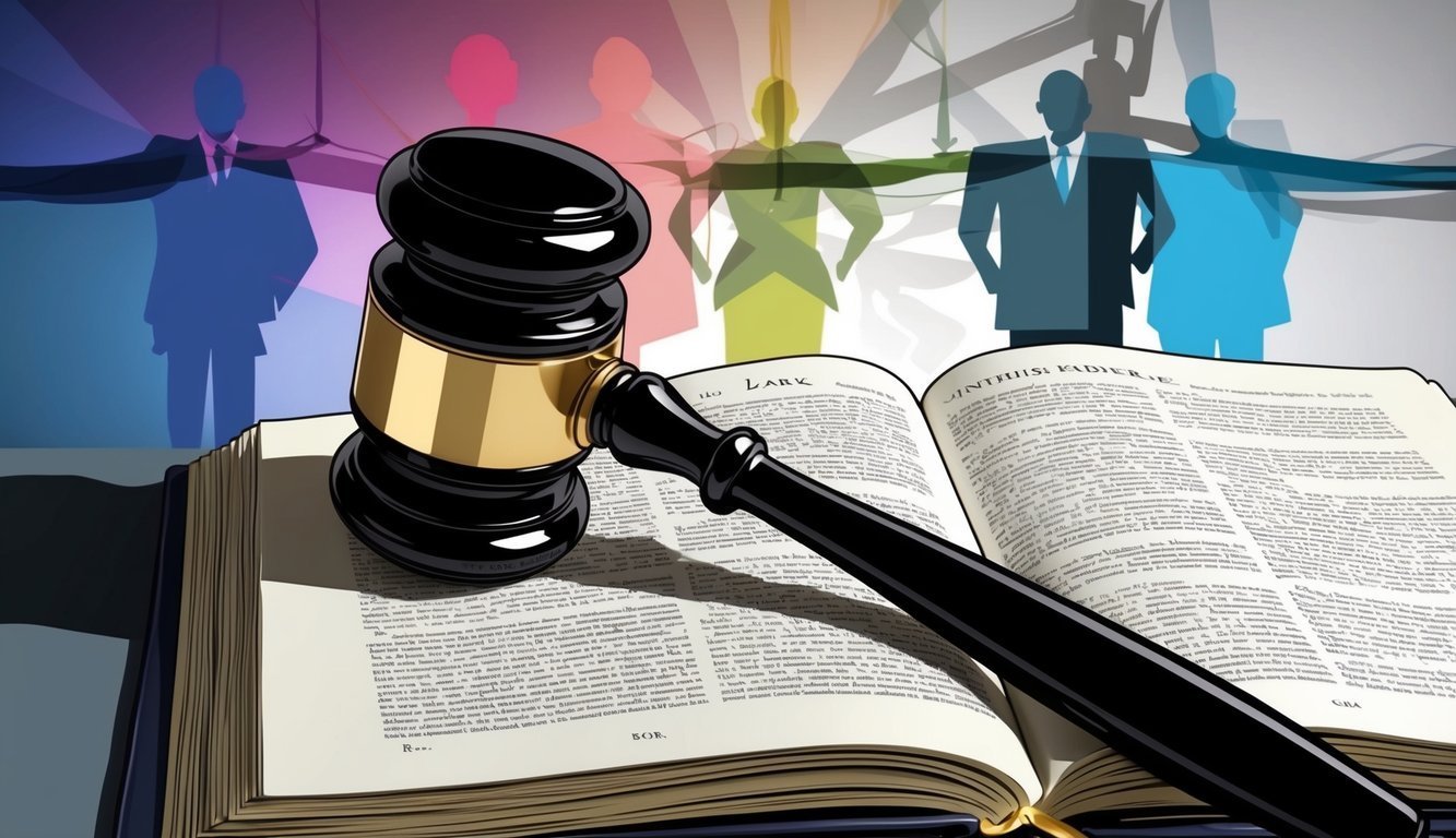 Gavel on open book with silhouettes of people in the background