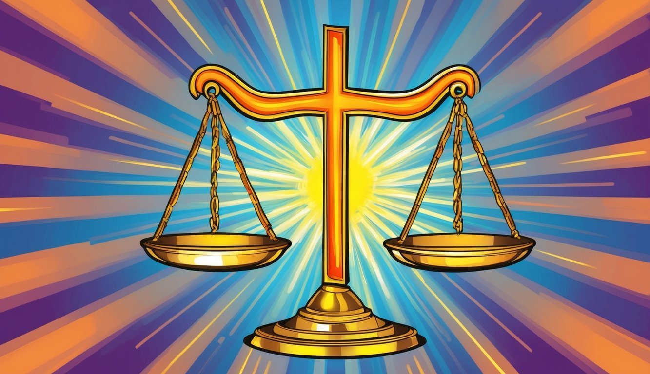 Golden scales of justice with a cross-shaped top, against a radiant background