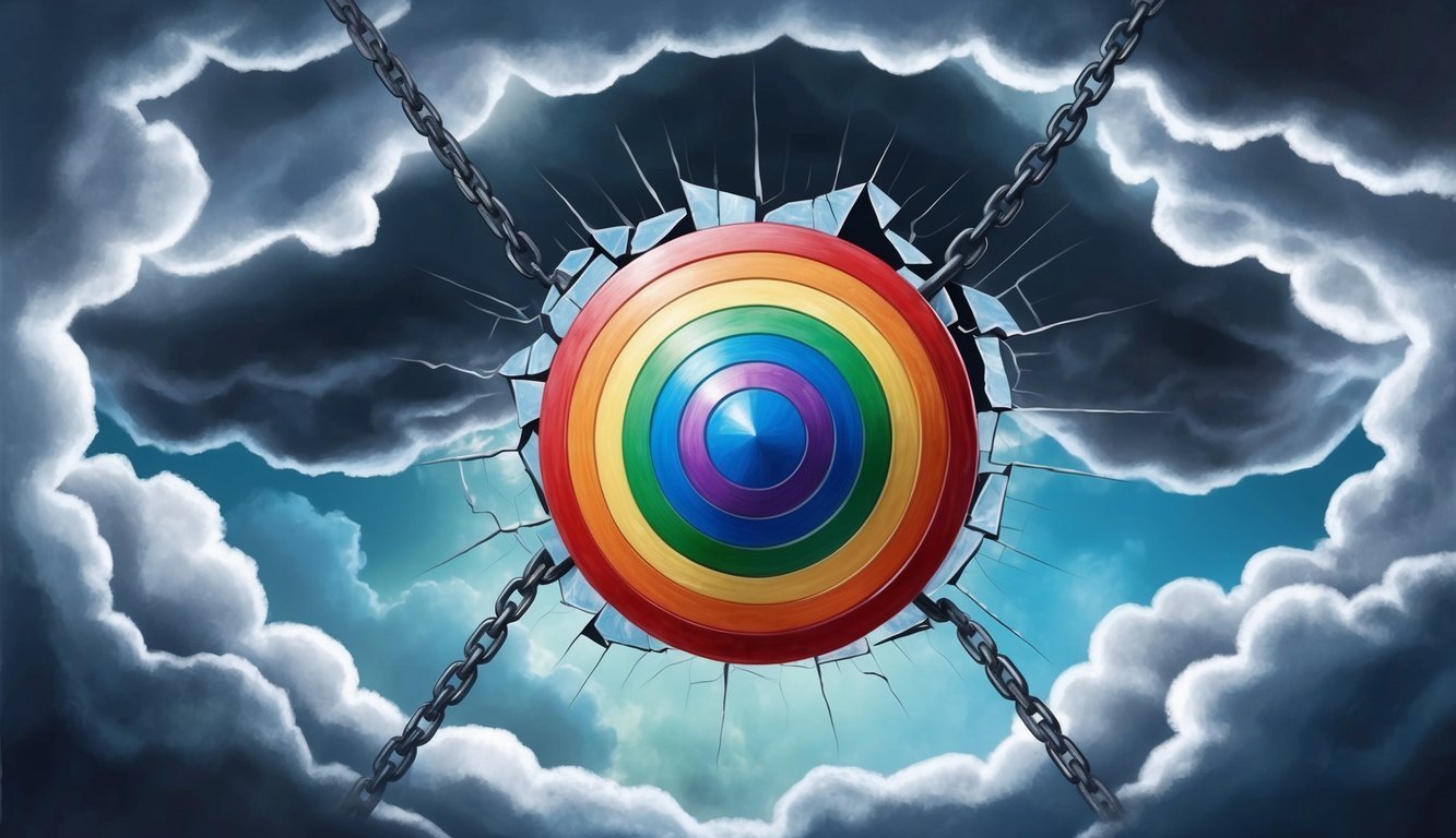 Rainbow shield breaks through a cracked wall, chained against a stormy sky