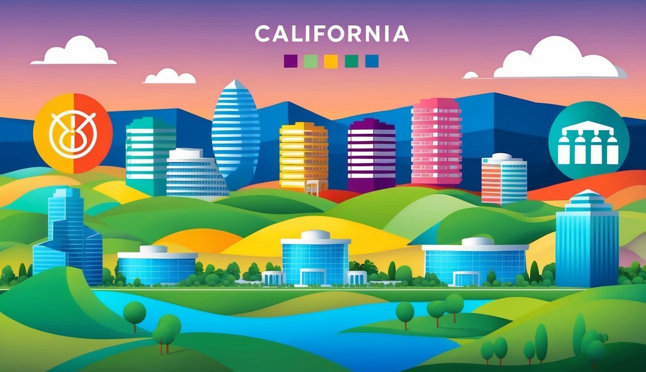 California landscape illustration with colorful buildings, hills, and a river
