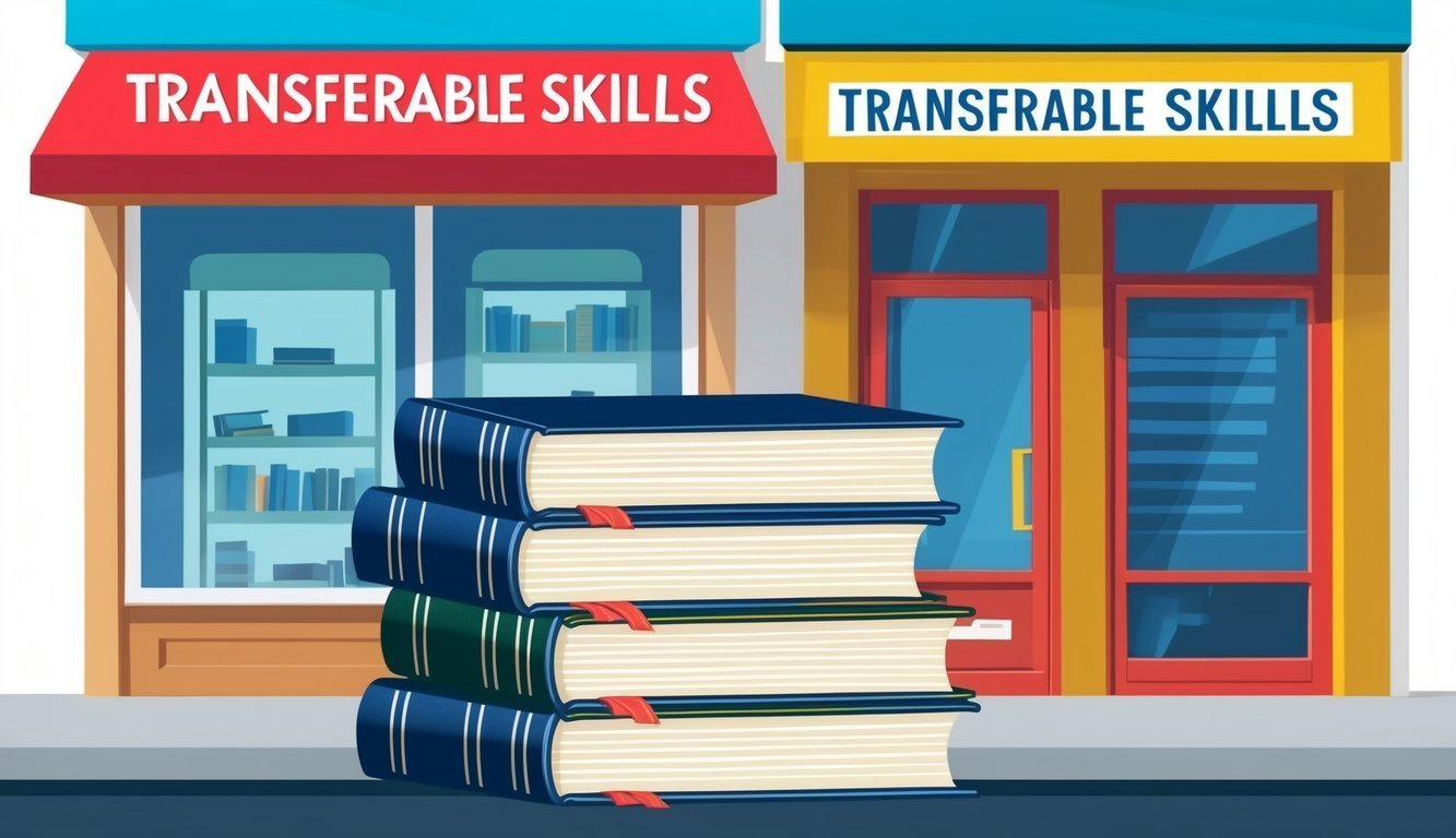 Stack of books in front of two shops labeled "Transferable Skills"
