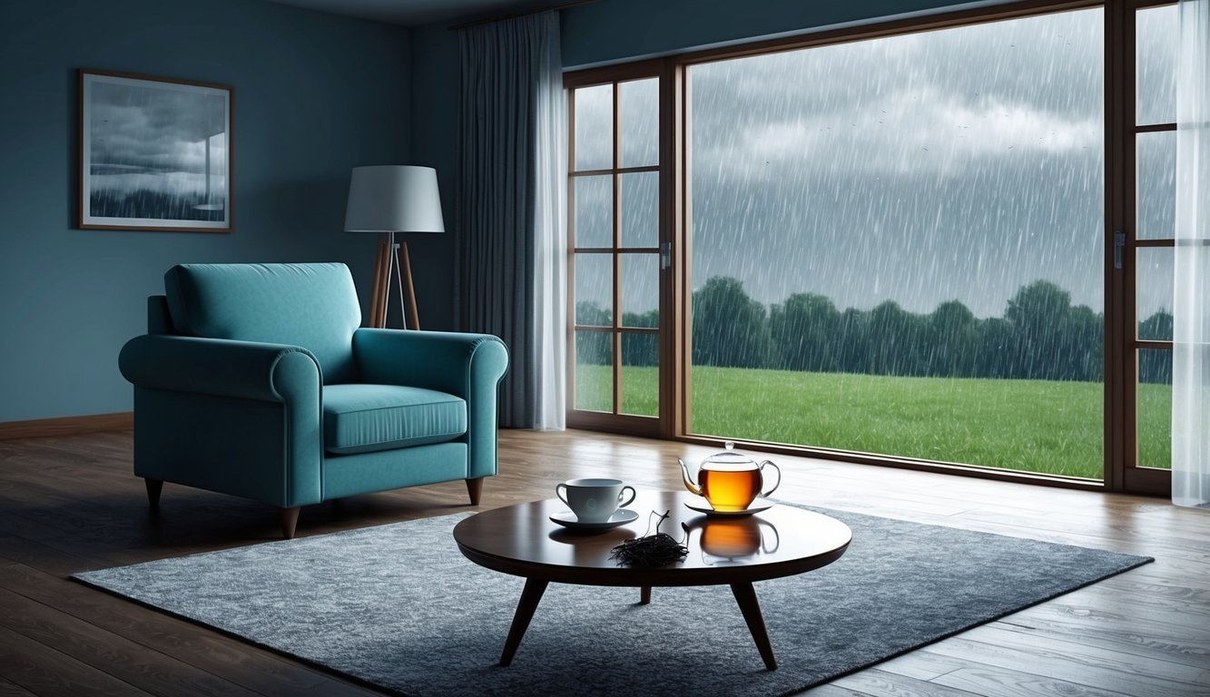 Cozy room with armchair, tea, and a rainy view through the window