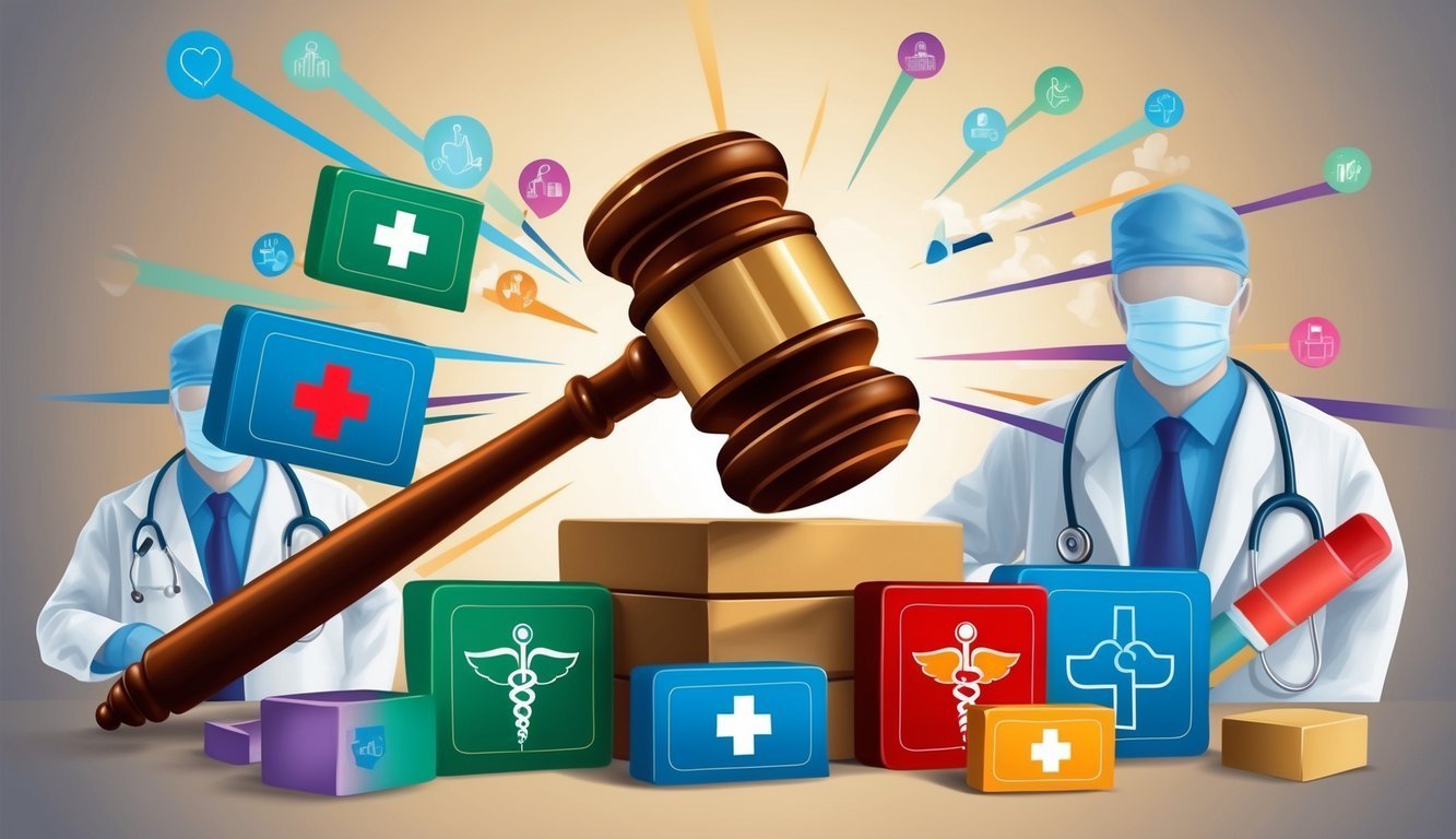 Gavel over medical icons and doctors, symbolizing healthcare law and regulations