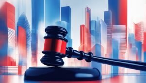Gavel with red accent in front of a stylized cityscape