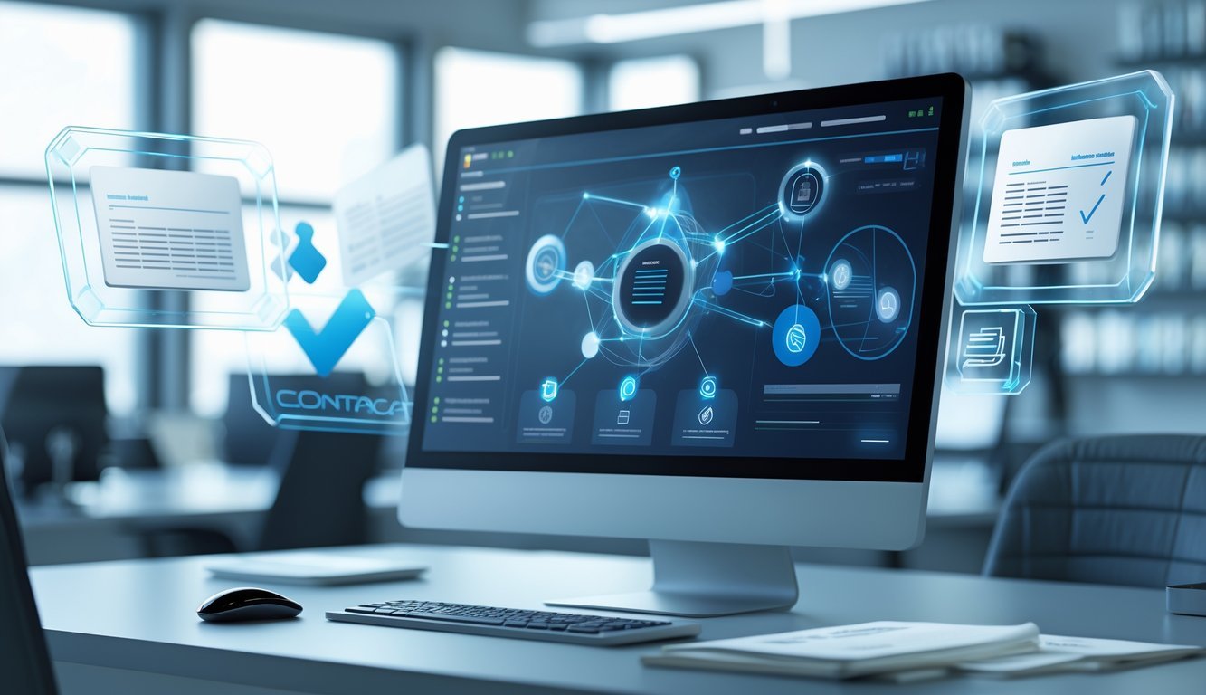 A 3D scene showing a computer with digital contract management interface and floating holographic panels representing legal documents in a modern office setting.