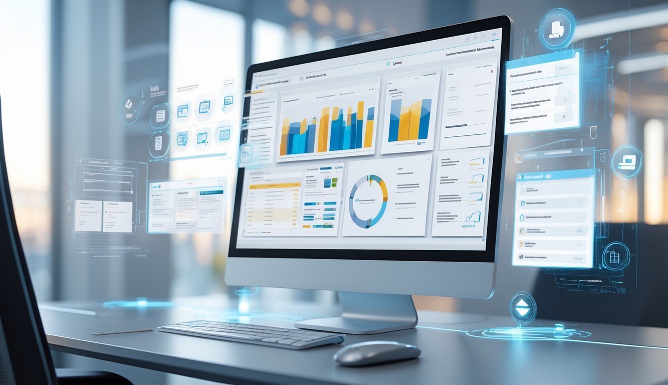 A 3D scene showing a computer monitor with interactive contract management interfaces and holographic elements in a modern office setting.