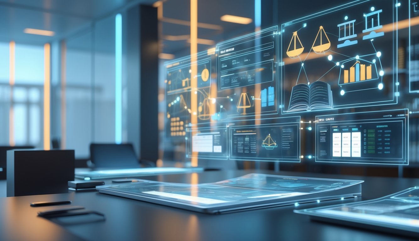 A futuristic office scene with holographic legal symbols and digital workspaces representing law firm software.