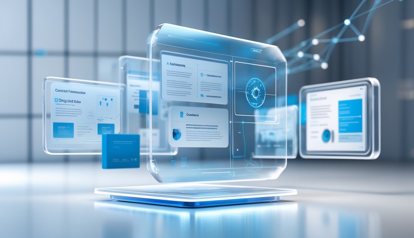 A 3D scene showing floating holographic screens and digital network elements representing contract management software capabilities.