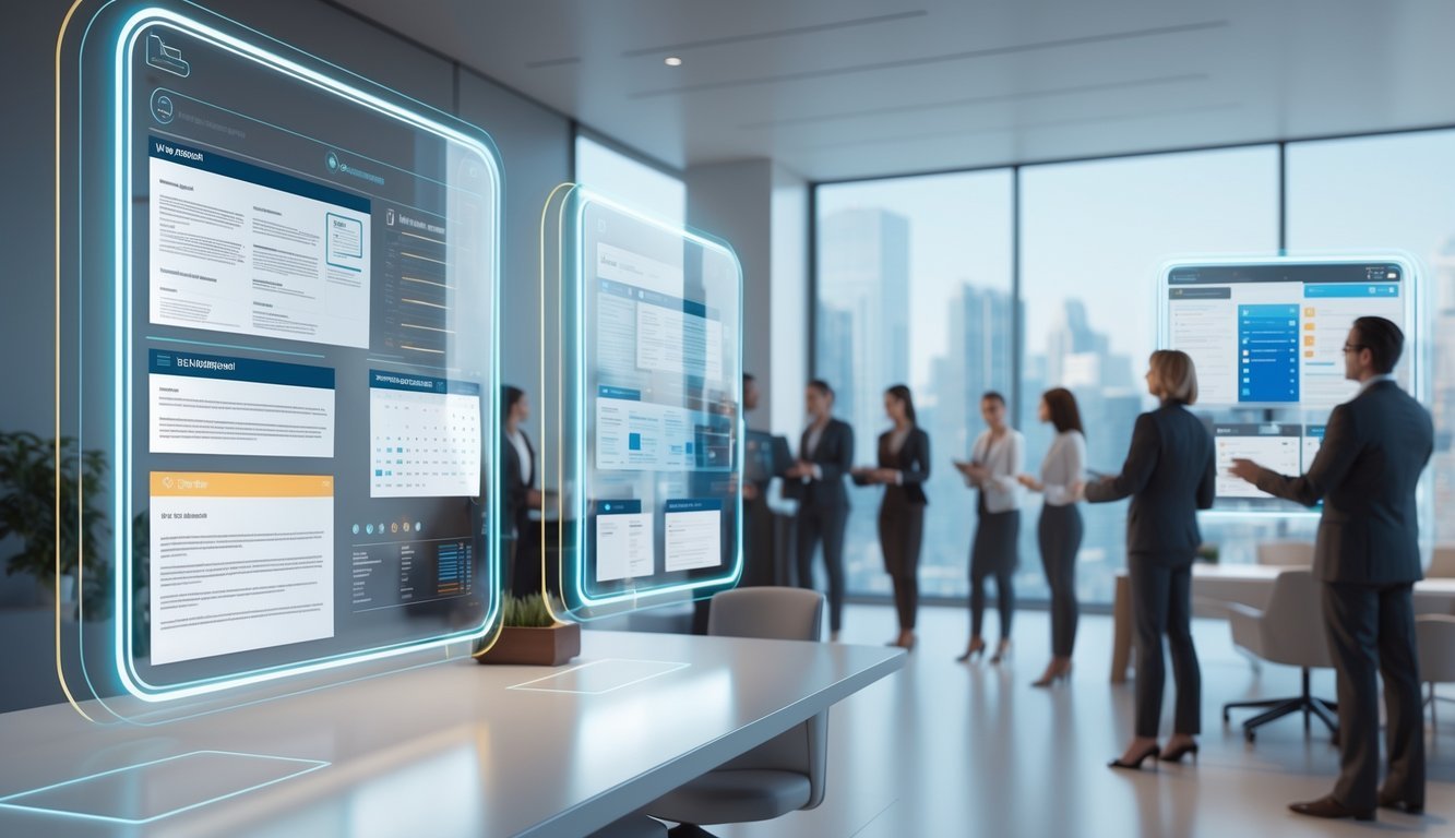 A modern law office with professionals using holographic screens displaying legal documents and data in a bright workspace.