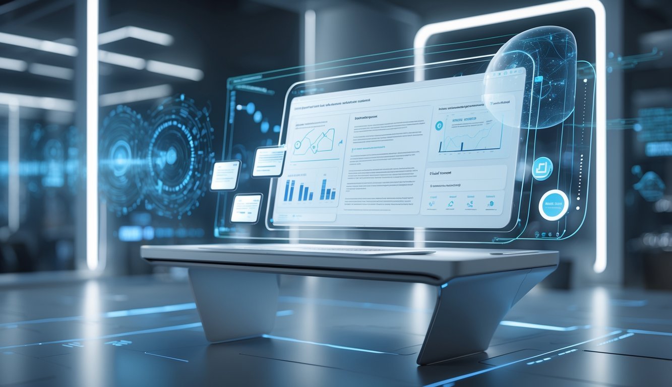 A futuristic digital workspace with holographic contract documents and AI data streams floating above a modern desk.