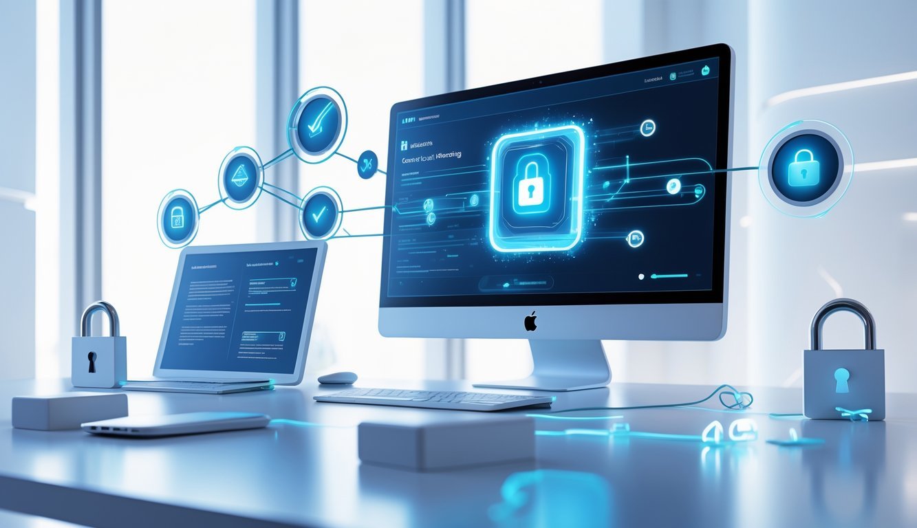A digital workspace with a computer showing holographic icons representing contract management benefits like automation, security, and collaboration.