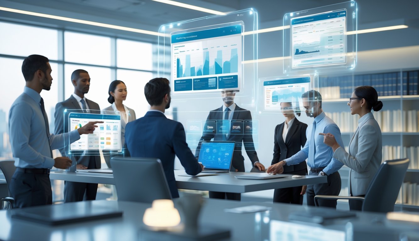 A modern law firm office with professionals interacting with floating digital screens displaying legal and management information.