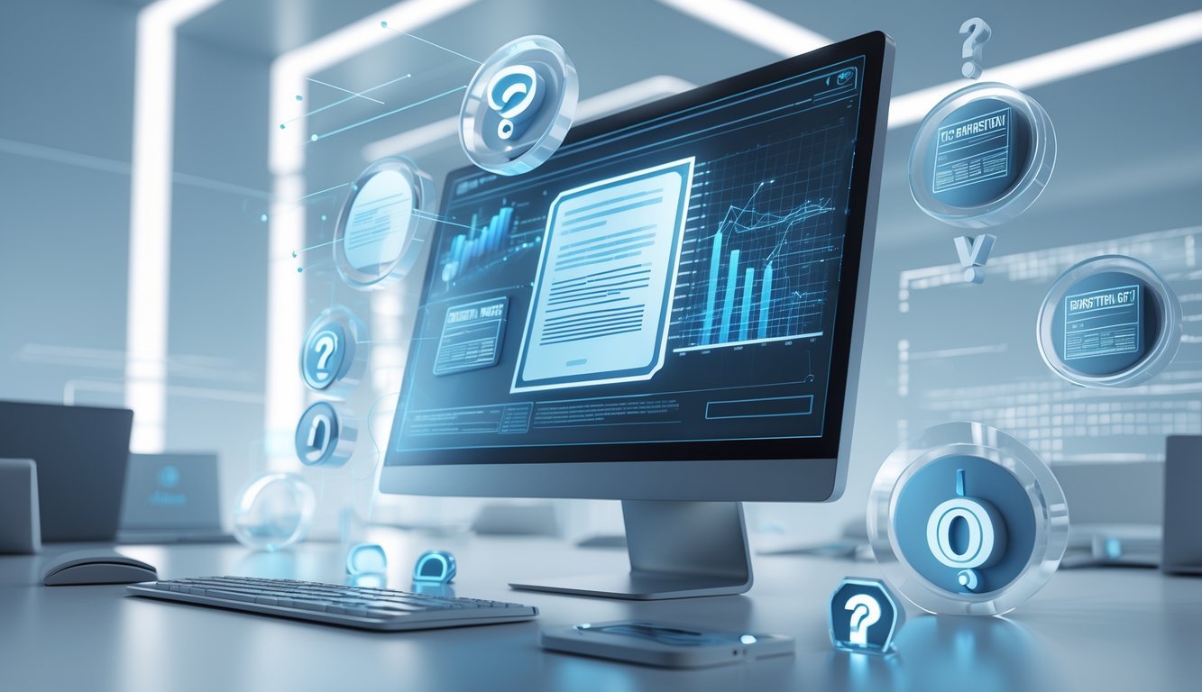 A digital workspace with a computer displaying floating contract documents and icons representing legal and question symbols in a high-tech office setting.