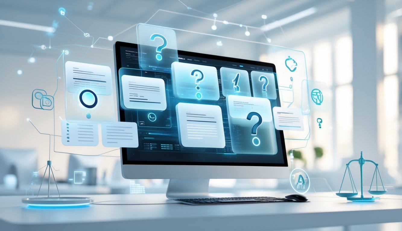 A 3D scene showing a futuristic computer setup with floating holographic panels displaying icons related to contracts, questions, and user profiles in a modern office environment.