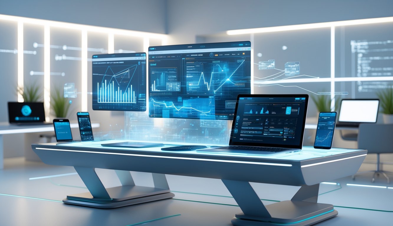 A 3D rendered modern workspace with holographic screens, digital devices, and glowing data streams representing startup tools.