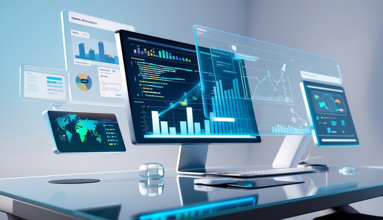 A 3D digital workspace with floating holographic screens showing startup tools like charts, code, and collaboration icons.