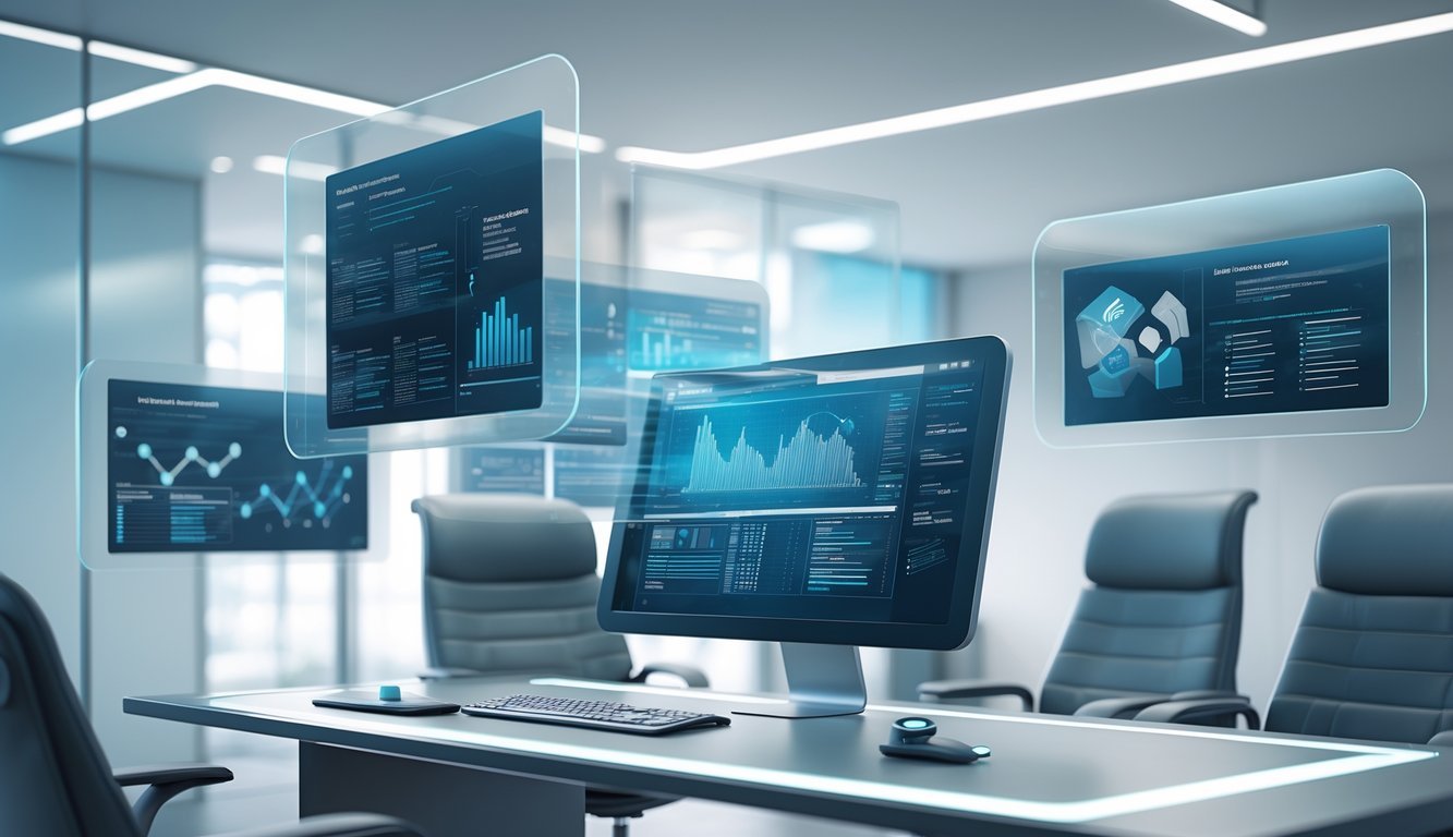 A modern office workspace with holographic screens displaying legal data and a sleek computer setup in a glass-walled conference room.