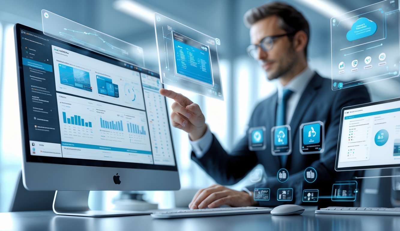 A professional lawyer using advanced 3D holographic screens displaying legal case information and cloud-based software features in a modern office.