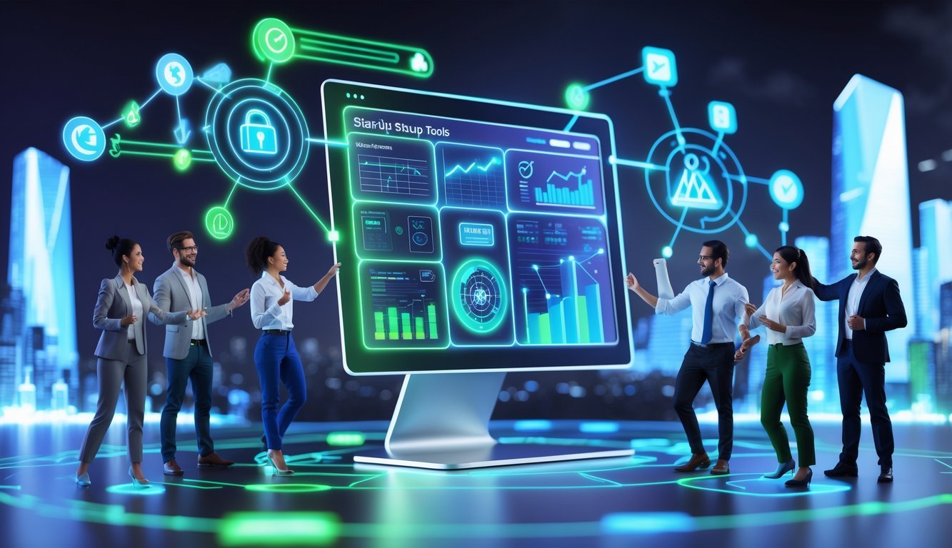 A 3D scene showing startup team members collaborating around a futuristic digital dashboard with icons and charts representing startup tools and growth.