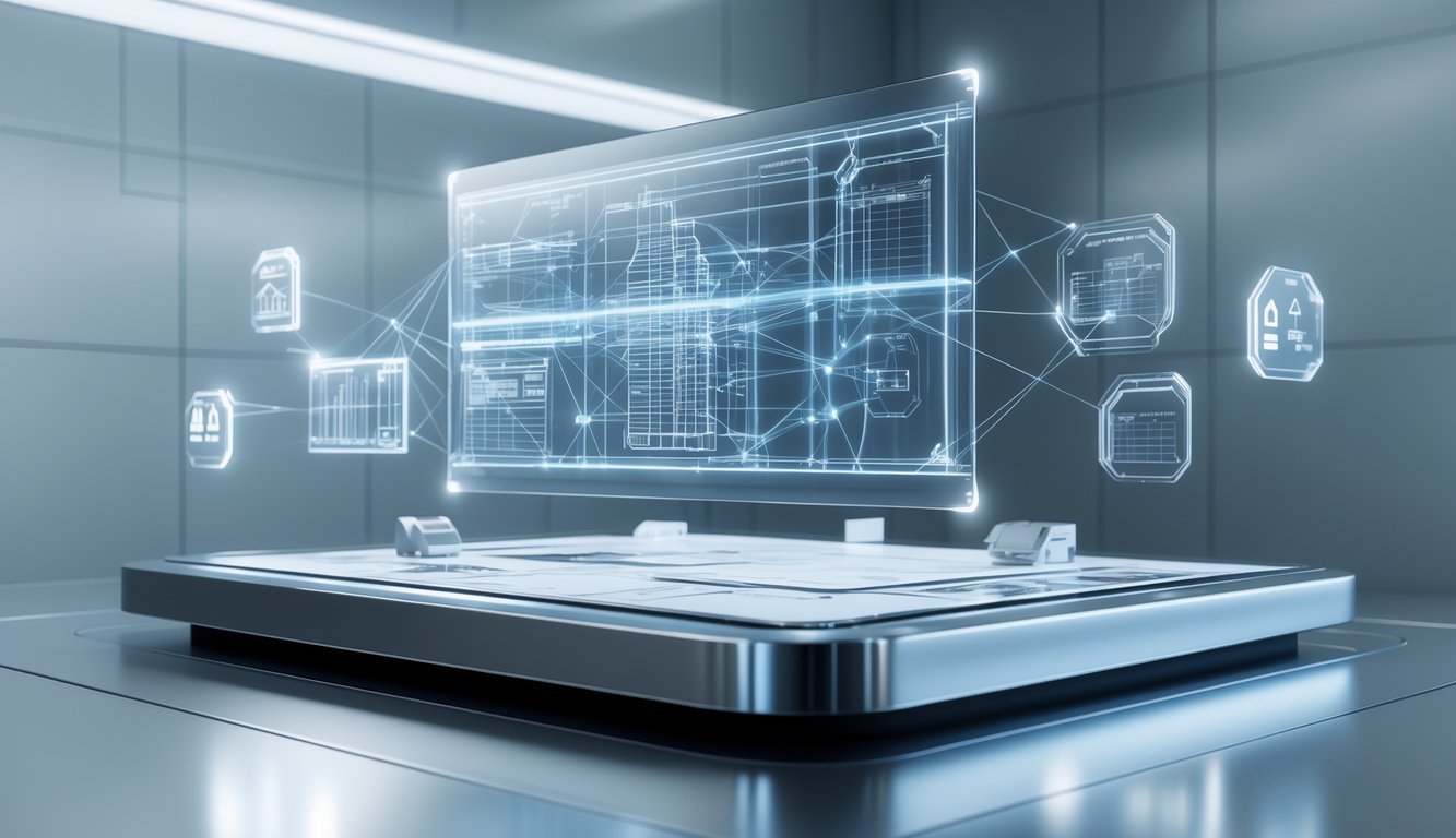A 3D rendering of a futuristic digital platform displaying architectural blueprints and construction-related icons on a holographic interface above a metallic surface.