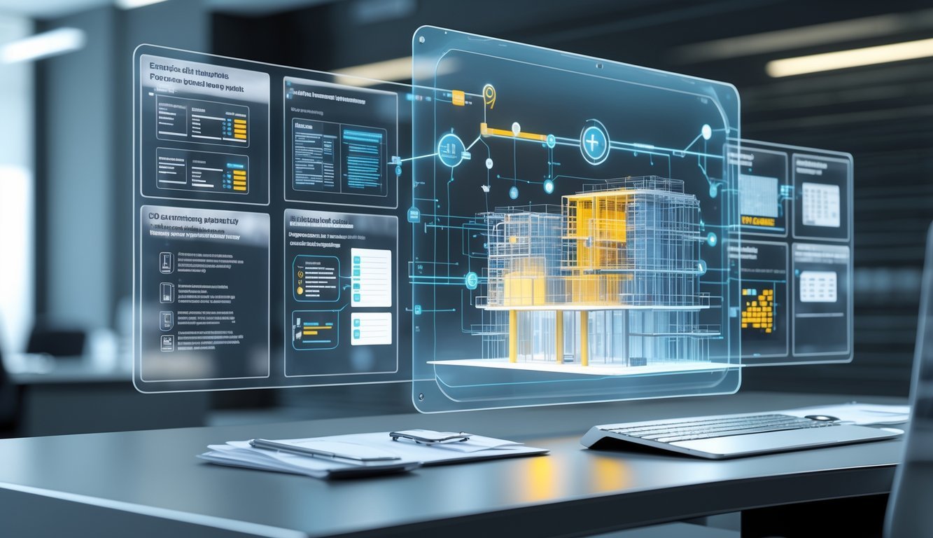 A 3D digital platform interface displaying interconnected modules related to building codes, including blueprints, 3D building models, and data connections in a high-tech office setting.