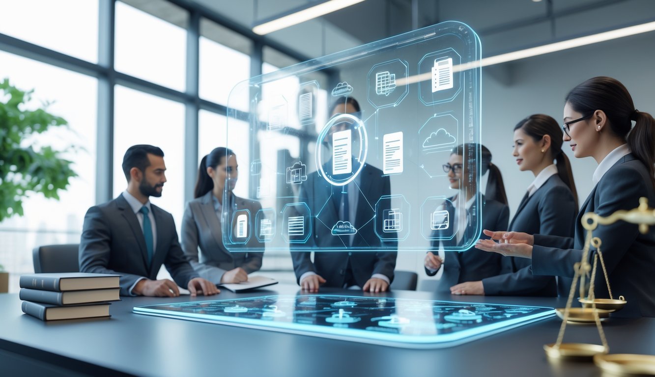 A modern law office with lawyers using floating digital interfaces and holographic screens to manage legal documents and collaborate.