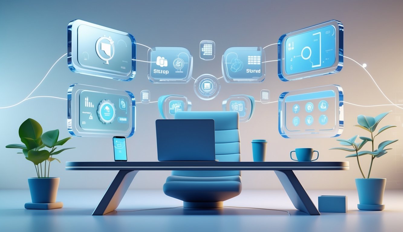 A 3D scene showing a modern desk with floating digital screens and startup-related objects like a laptop and smartphone in a clean, well-lit workspace.