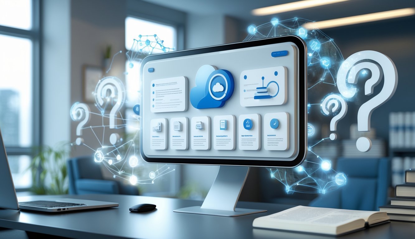 A 3D scene showing a futuristic digital dashboard with legal and cloud icons surrounded by floating question marks in a modern office setting.