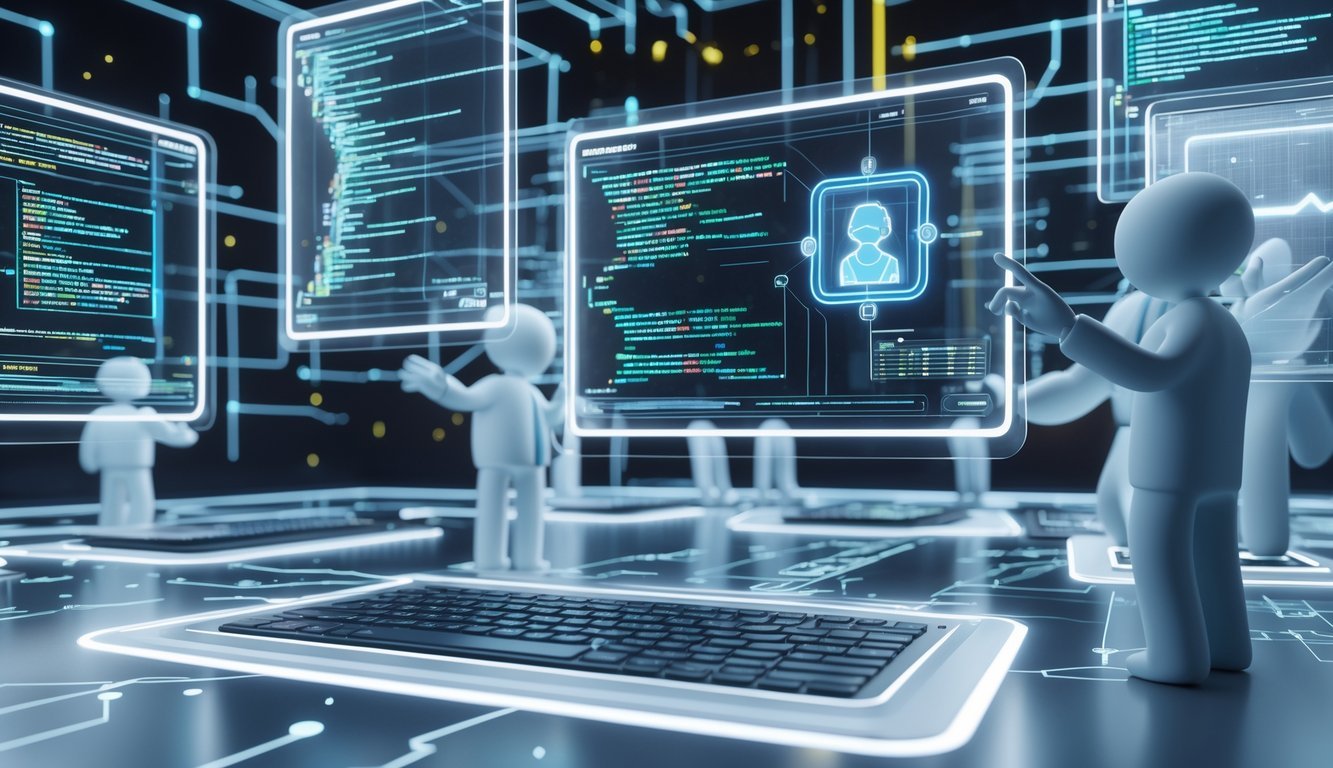 A futuristic workspace with holographic screens showing code and AI diagrams, where abstract human figures interact with the displays.