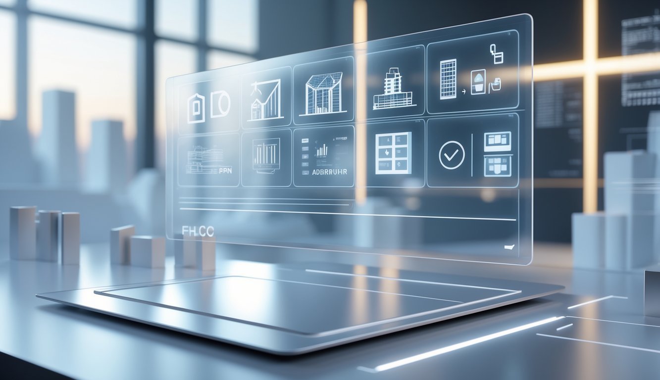 A 3D rendered scene of a futuristic digital interface with holographic panels showing abstract construction and legal icons above a modern desk, with architectural models in the background.